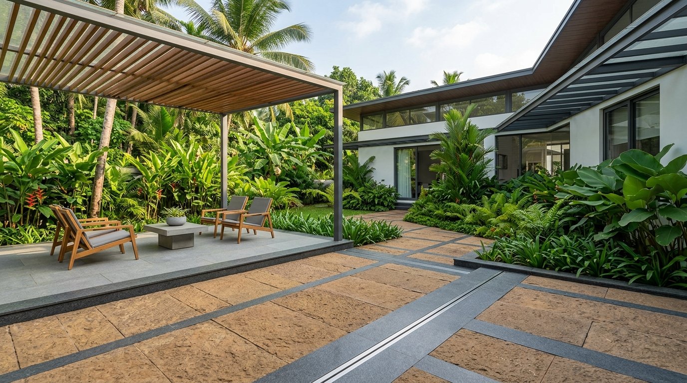 Laterite stone patio hardscaping project in a Kerala home by Benglavil